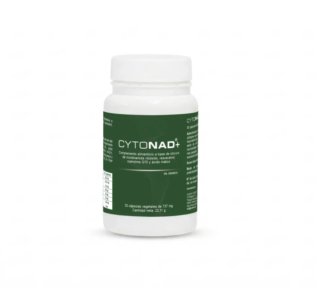 complemento alimenticio con NAD+, resveratrol y coenzima Q10
