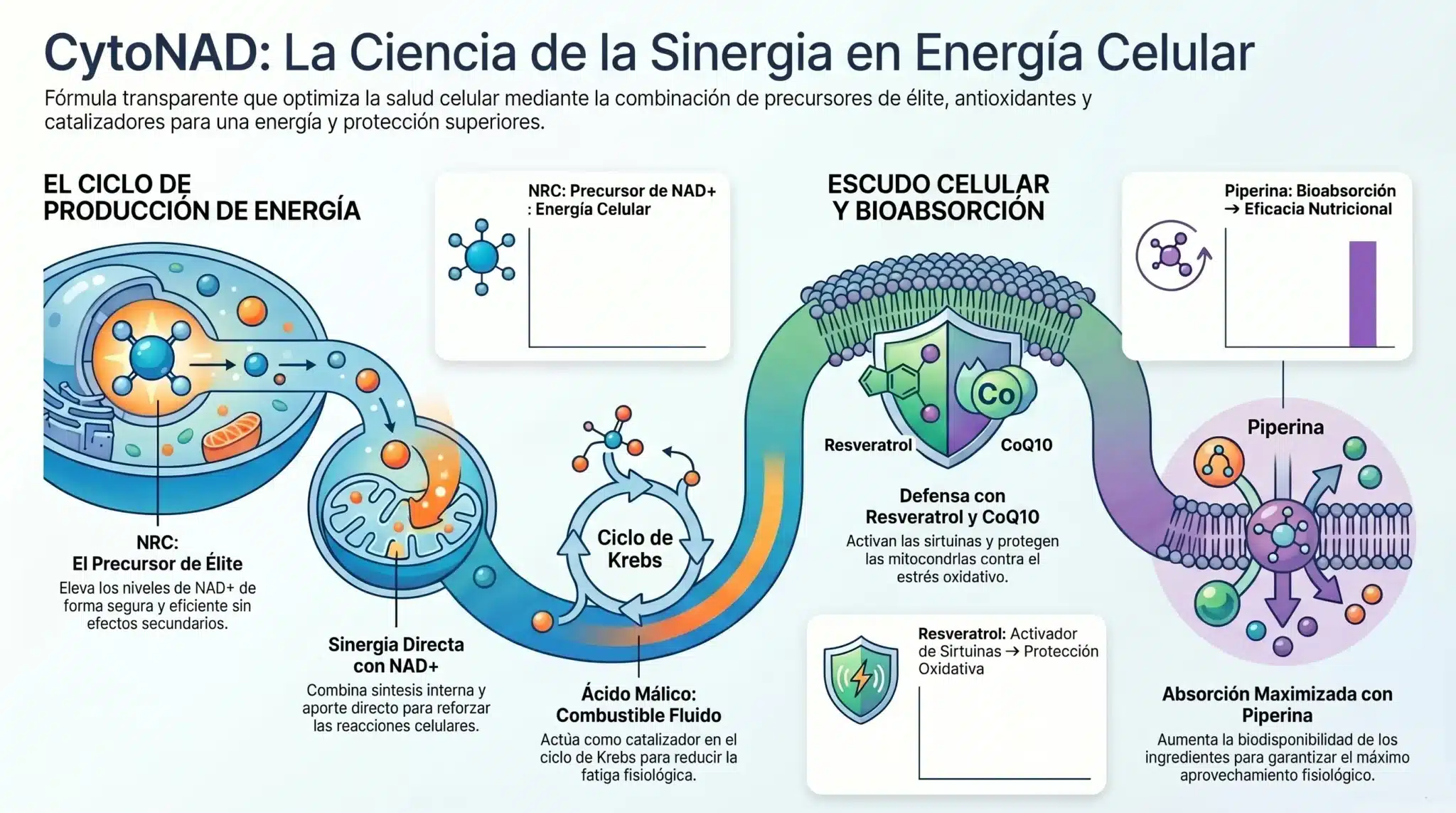 Sinergia de ingredientes del suplemento de NAD+ CytoNAD+: NRC, CoQ10, resveratrol, ácido málico y piperina